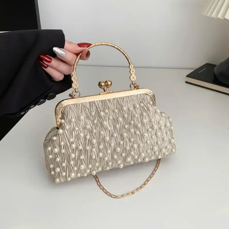 Pearl Chain Clip Bag for Women, Gold Handle, Textured Pearl Design - Image 4