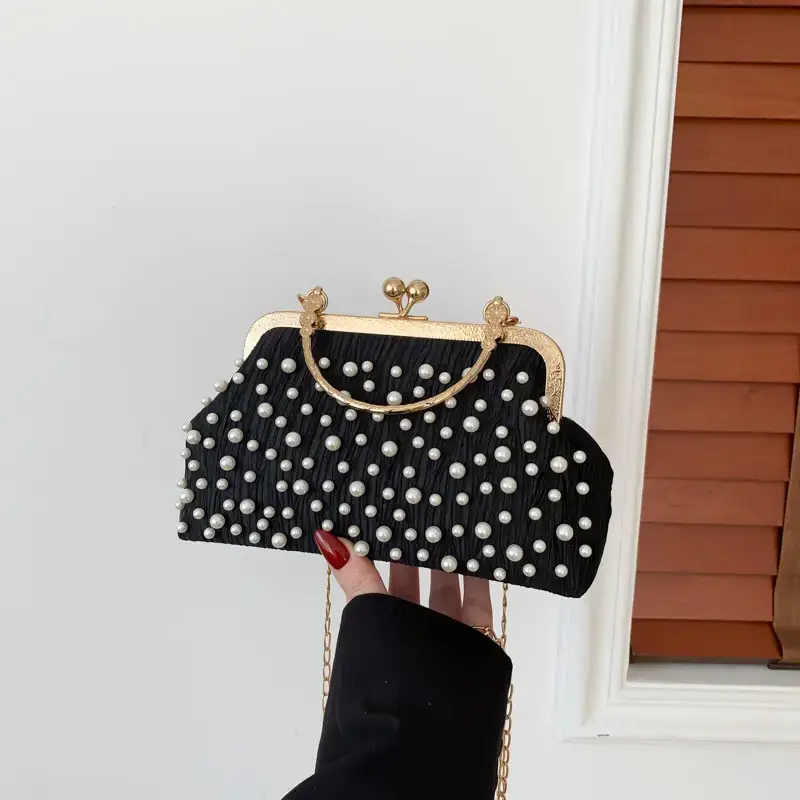 Pearl Chain Clip Bag for Women, Gold Handle, Textured Pearl Design - Image 5