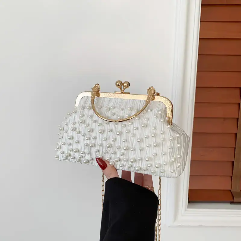 Pearl Chain Clip Bag for Women, Gold Handle, Textured Pearl Design - Image 6