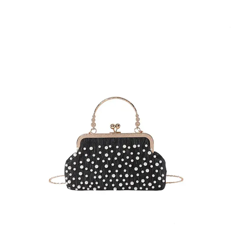 Pearl Chain Clip Bag for Women, Gold Handle, Textured Pearl Design - Image 8