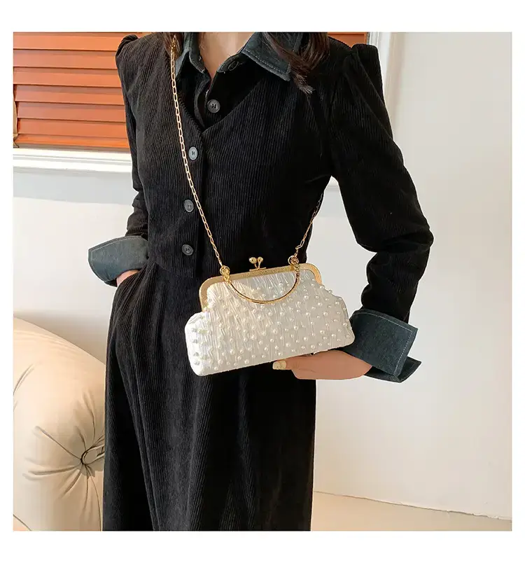 Pearl Chain Clip Bag for Women, Gold Handle, Textured Pearl Design — feature 11