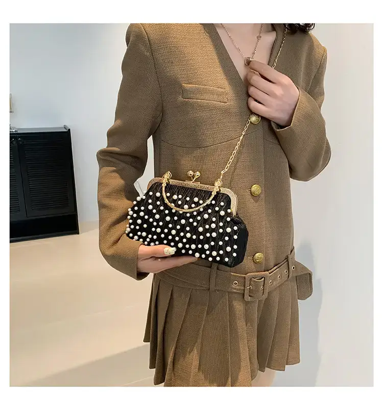 Pearl Chain Clip Bag for Women, Gold Handle, Textured Pearl Design — feature 14