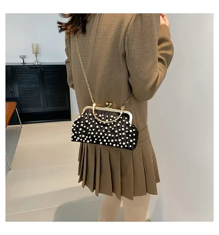 Pearl Chain Clip Bag for Women, Gold Handle, Textured Pearl Design — feature 15