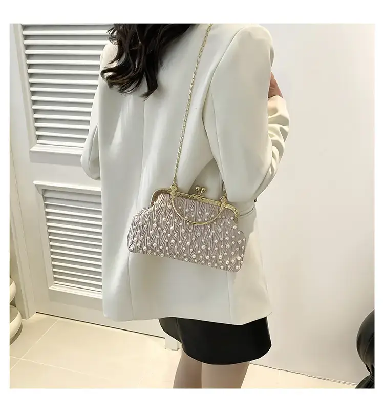 Pearl Chain Clip Bag for Women, Gold Handle, Textured Pearl Design — feature 18