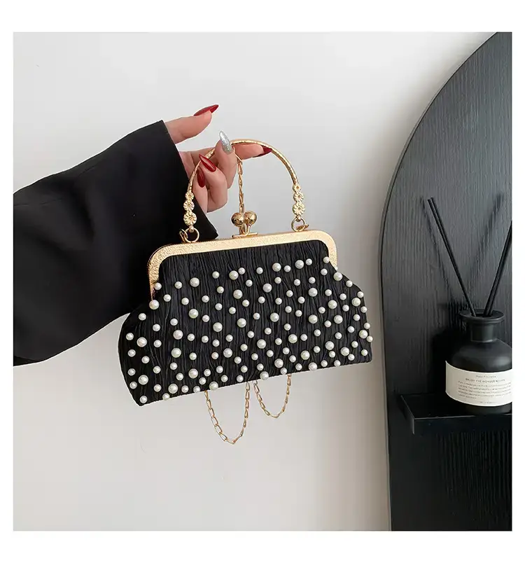 Pearl Chain Clip Bag for Women, Gold Handle, Textured Pearl Design — feature 22