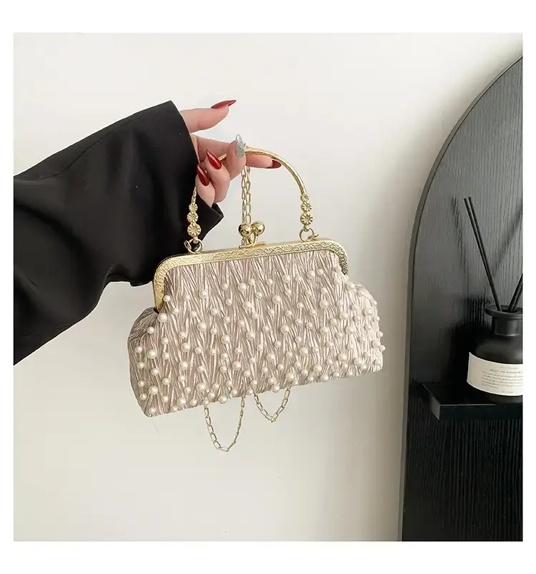 Pearl Chain Clip Bag for Women, Gold Handle, Textured Pearl Design — feature 23