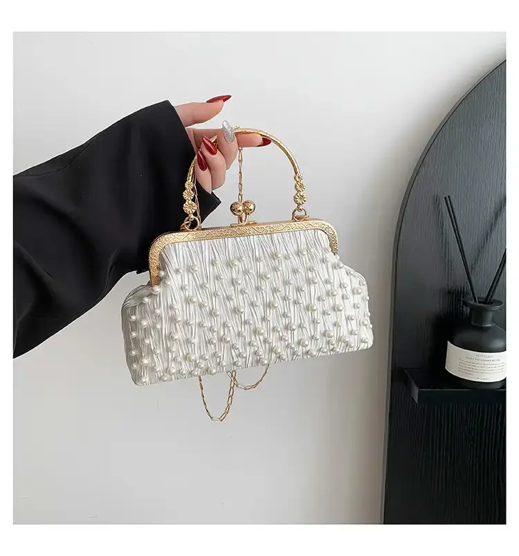 Pearl Chain Clip Bag for Women, Gold Handle, Textured Pearl Design — feature 24