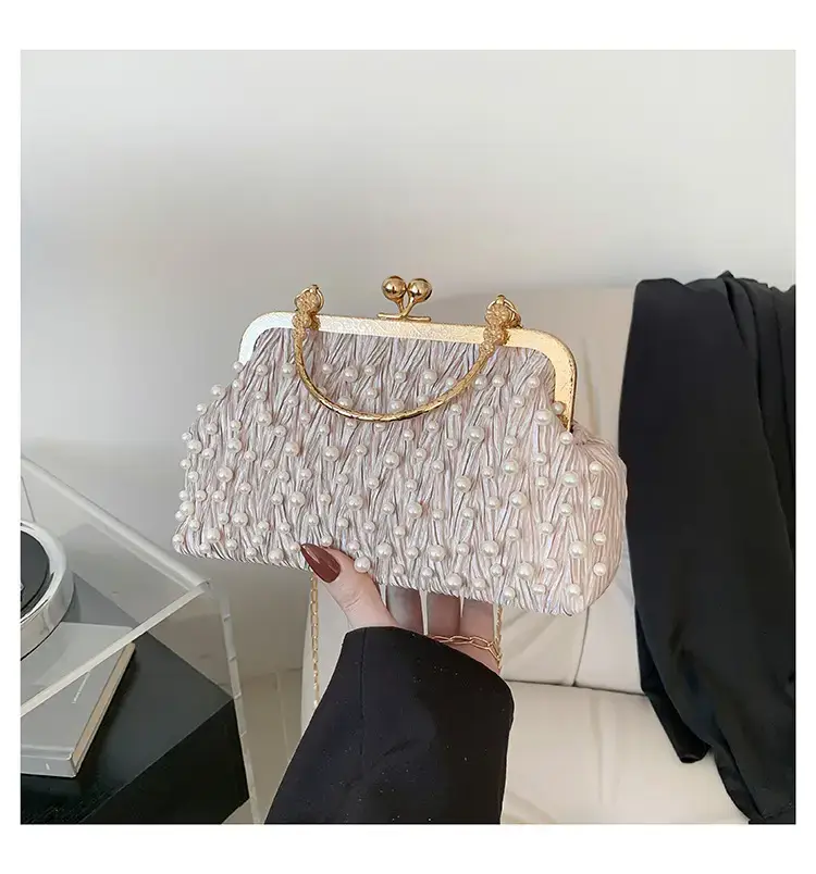 Pearl Chain Clip Bag for Women, Gold Handle, Textured Pearl Design — feature 25