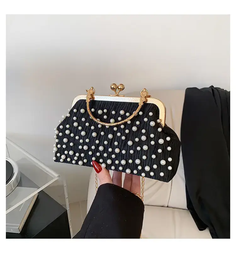 Pearl Chain Clip Bag for Women, Gold Handle, Textured Pearl Design — feature 26