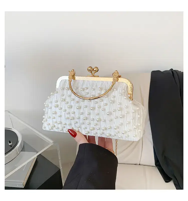 Pearl Chain Clip Bag for Women, Gold Handle, Textured Pearl Design — feature 27