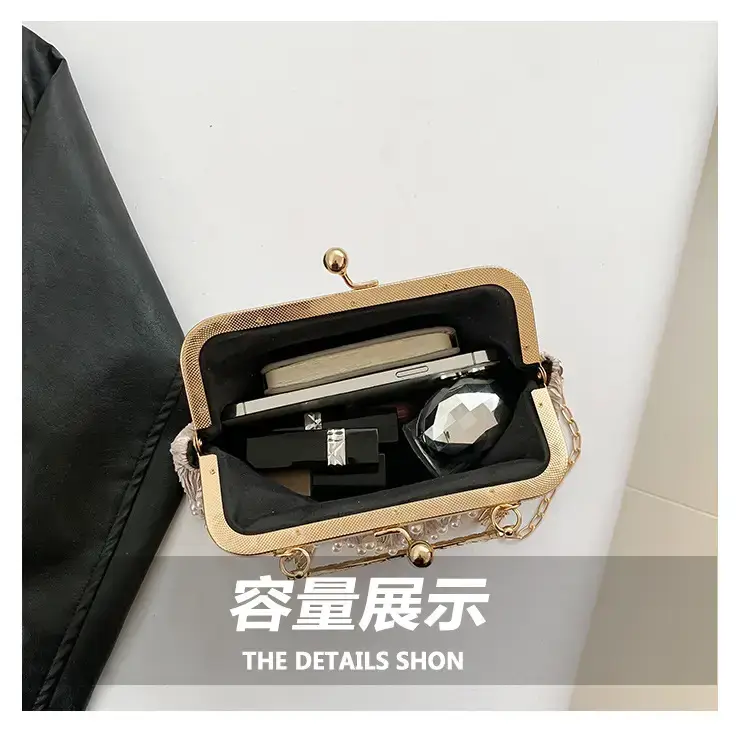 Pearl Chain Clip Bag for Women, Gold Handle, Textured Pearl Design — feature 6