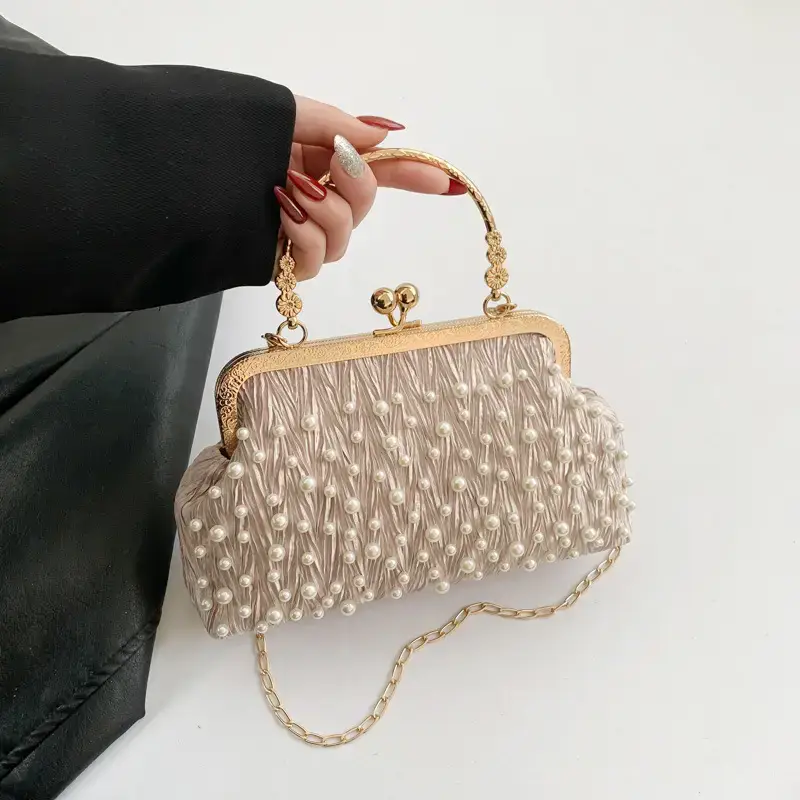 Pearl Chain Clip Bag for Women, Gold Handle, Textured Pearl Design - Image 3