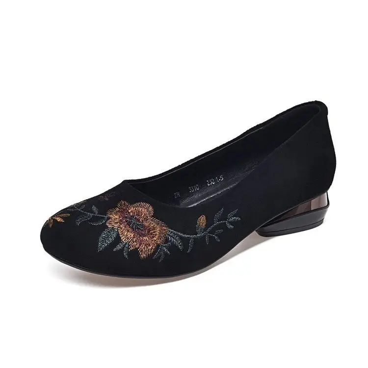 Thick Heeled Shoes Women's 2024 Spring New Low Mouth Low Heeled Mother Shoes Round-toe Shoes Embroidered Shoes Comfortable Frosted Leather Shoes — feature 11
