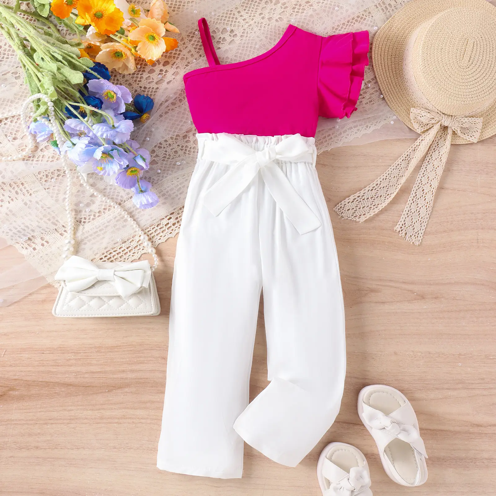 Baoxian Kids White Pink Summer Pants Set