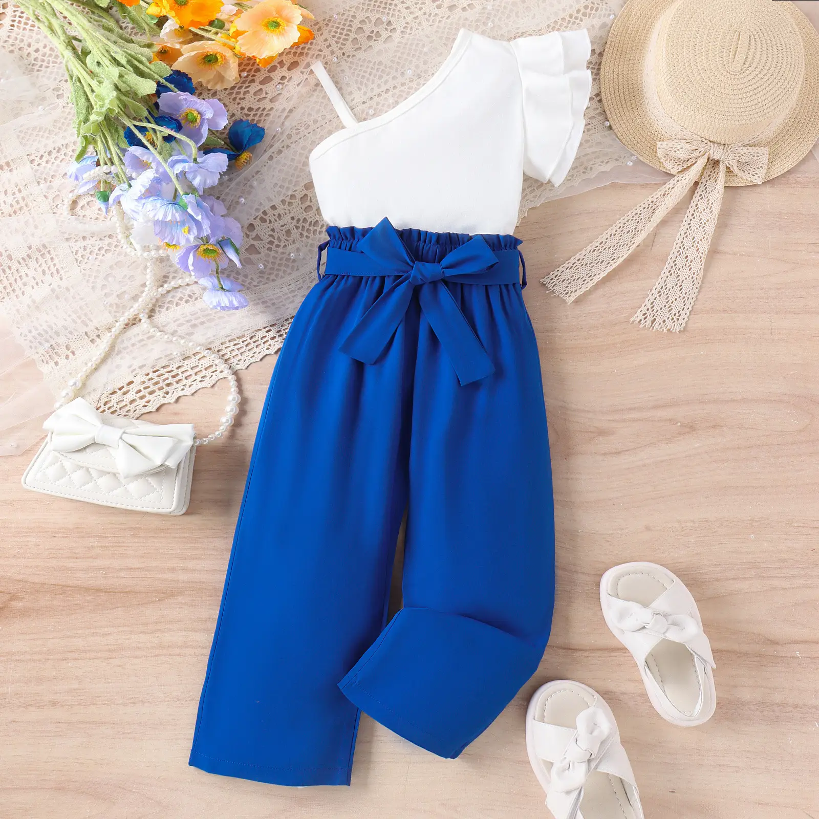 Baoxian Kids White Pink Summer Pants Set