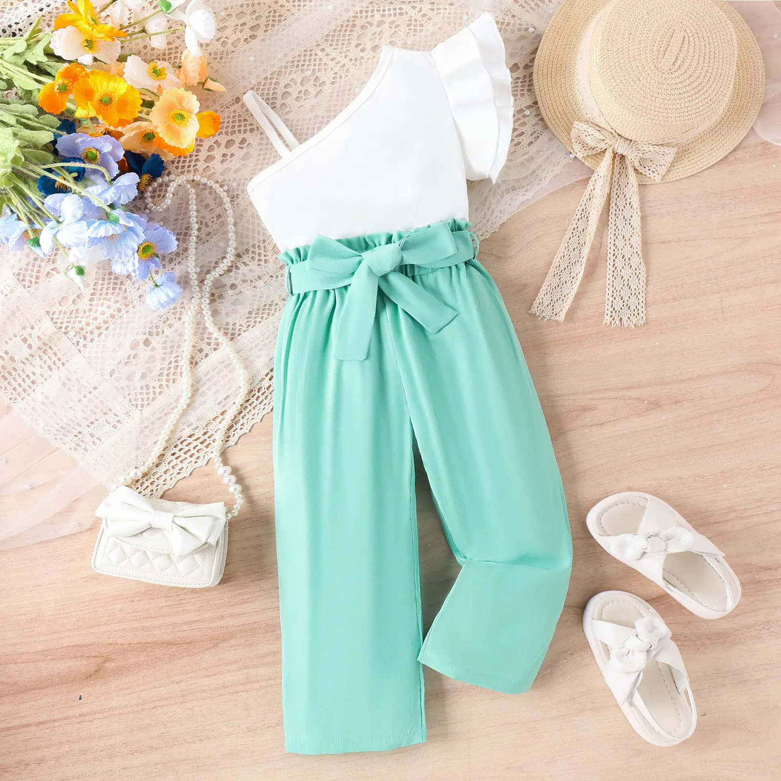 Baoxian Kids White Pink Summer Pants Set