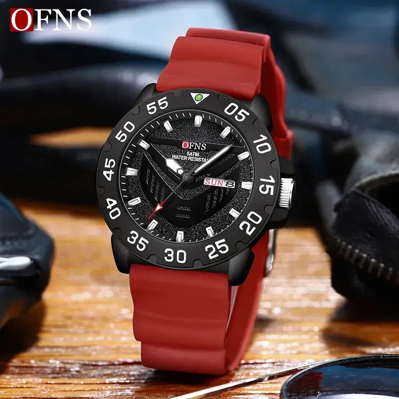 Men's Red Rubber Watch with Rotating Scale & Dual Calendar - Image 8