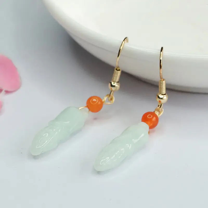 Jade Earrings for Women Green Orange Drop Design - Image 3