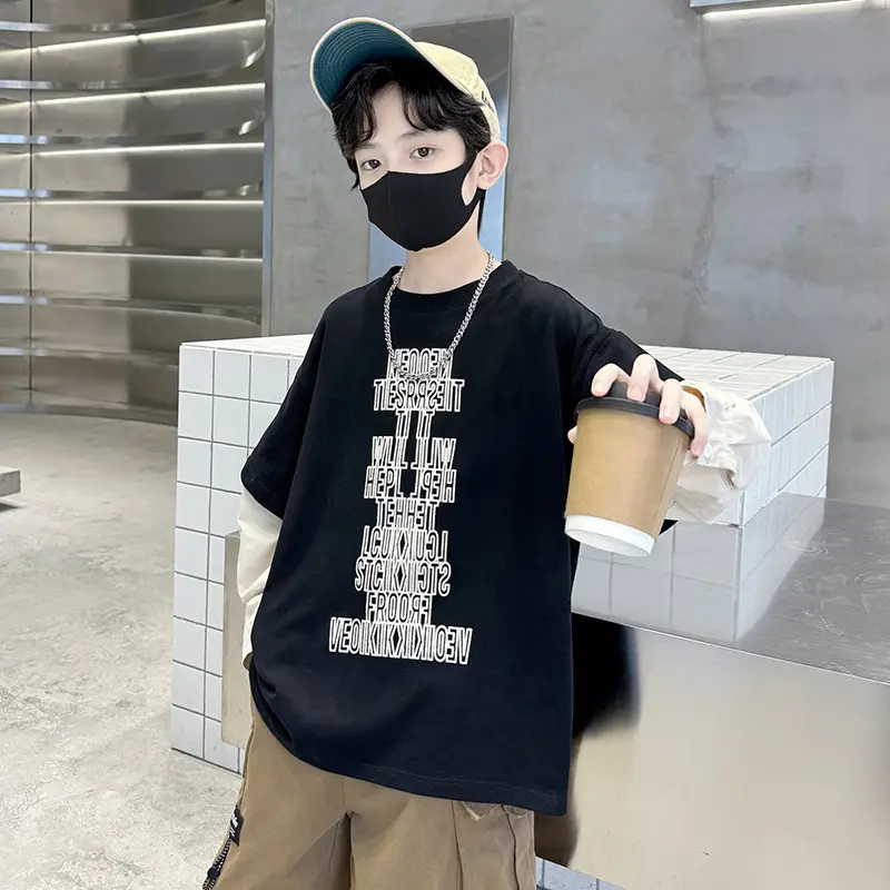 Kids Black Letter T-Shirt with Cap & Mask - Image 3