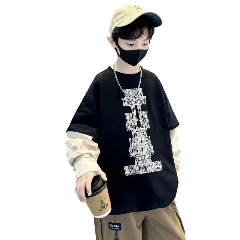Kids Black Letter T-Shirt with Cap & Mask - Image 5