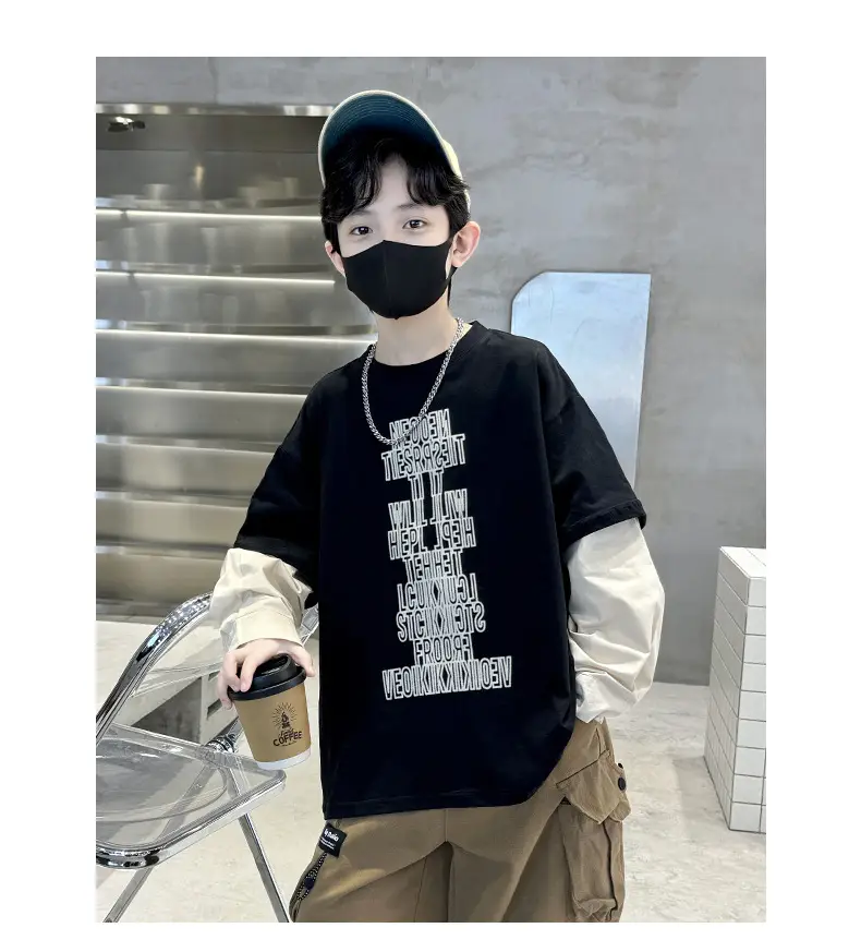 Kids Black Letter T-Shirt with Cap & Mask — feature 13