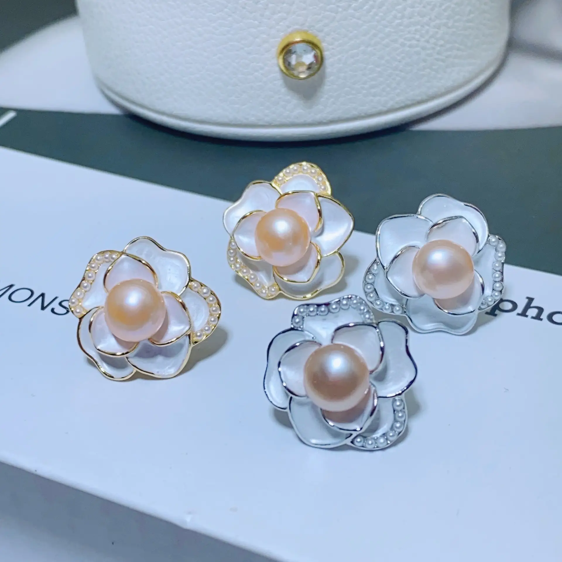 French Vintage Camellia Pearl Earrings White Flower Design - Image 2