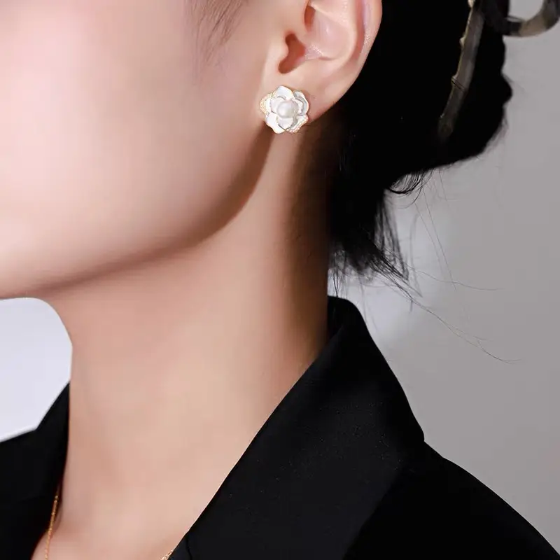 French Vintage Camellia Pearl Earrings White Flower Design - Image 6