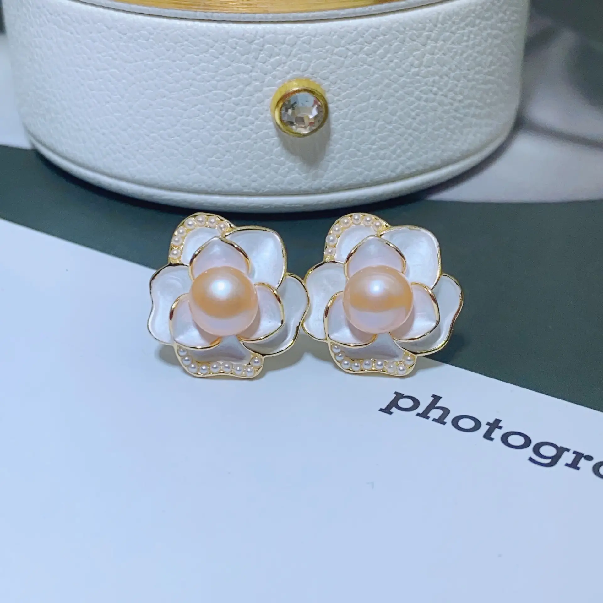 French Vintage Camellia Pearl Earrings White Flower Design — feature 10