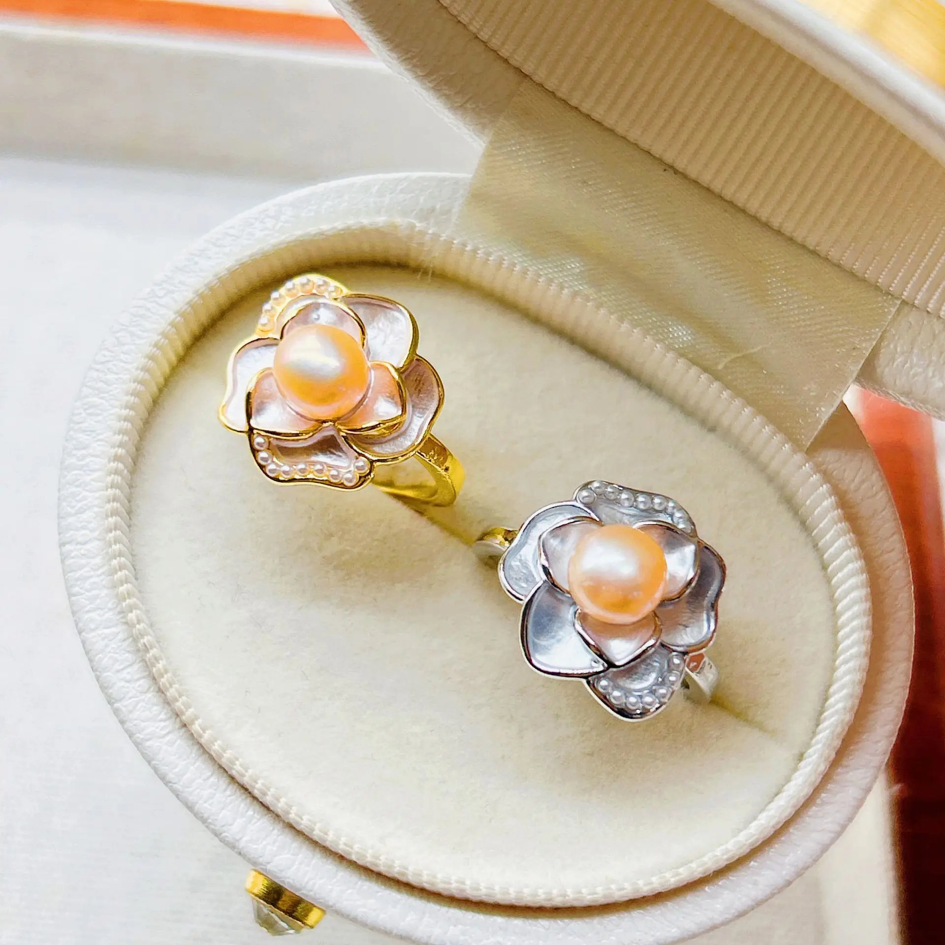 French Vintage Camellia Pearl Earrings White Flower Design - Image 4