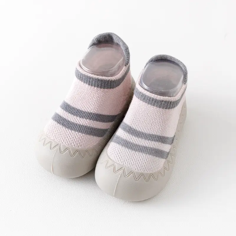 Baby Non-Slip Socks for Newborns White Grey Stripes - Image 2