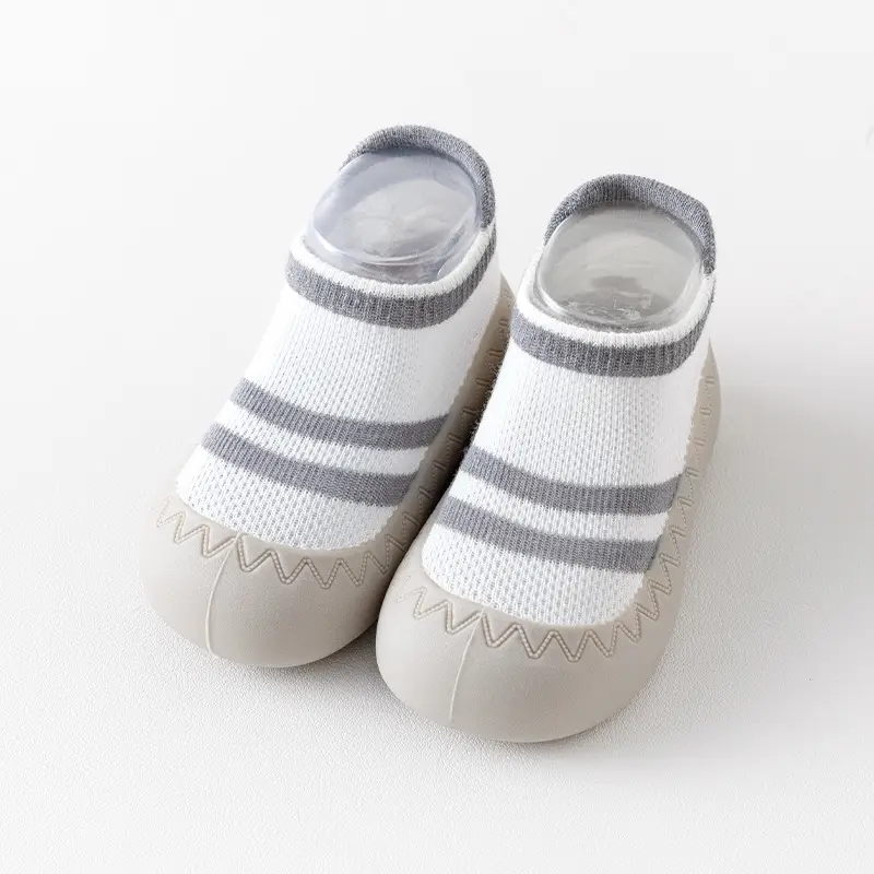 Baby Non-Slip Socks for Newborns White Grey Stripes - Image 4