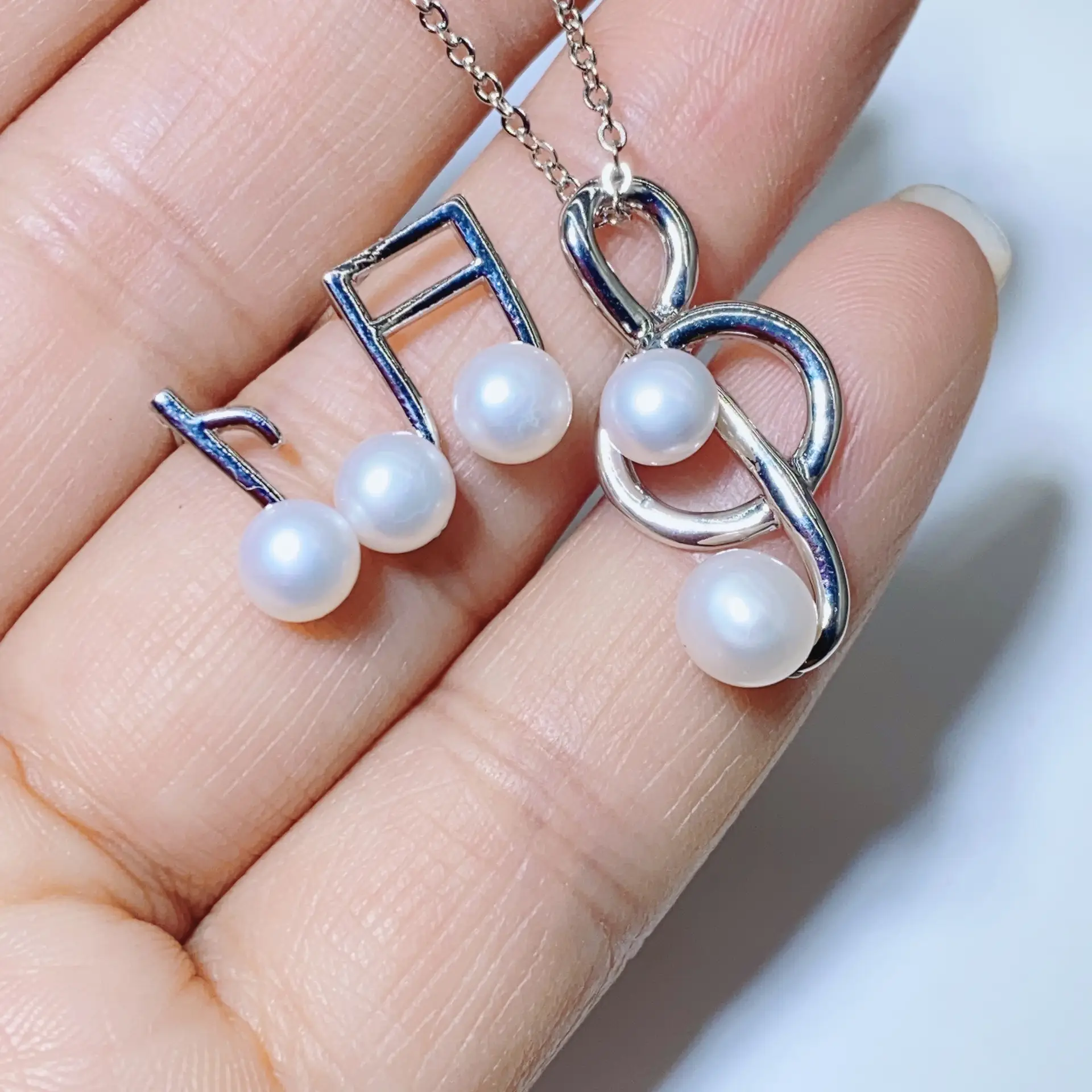 S925 Pearl Asymmetric Earrings Necklace Set - Image 6