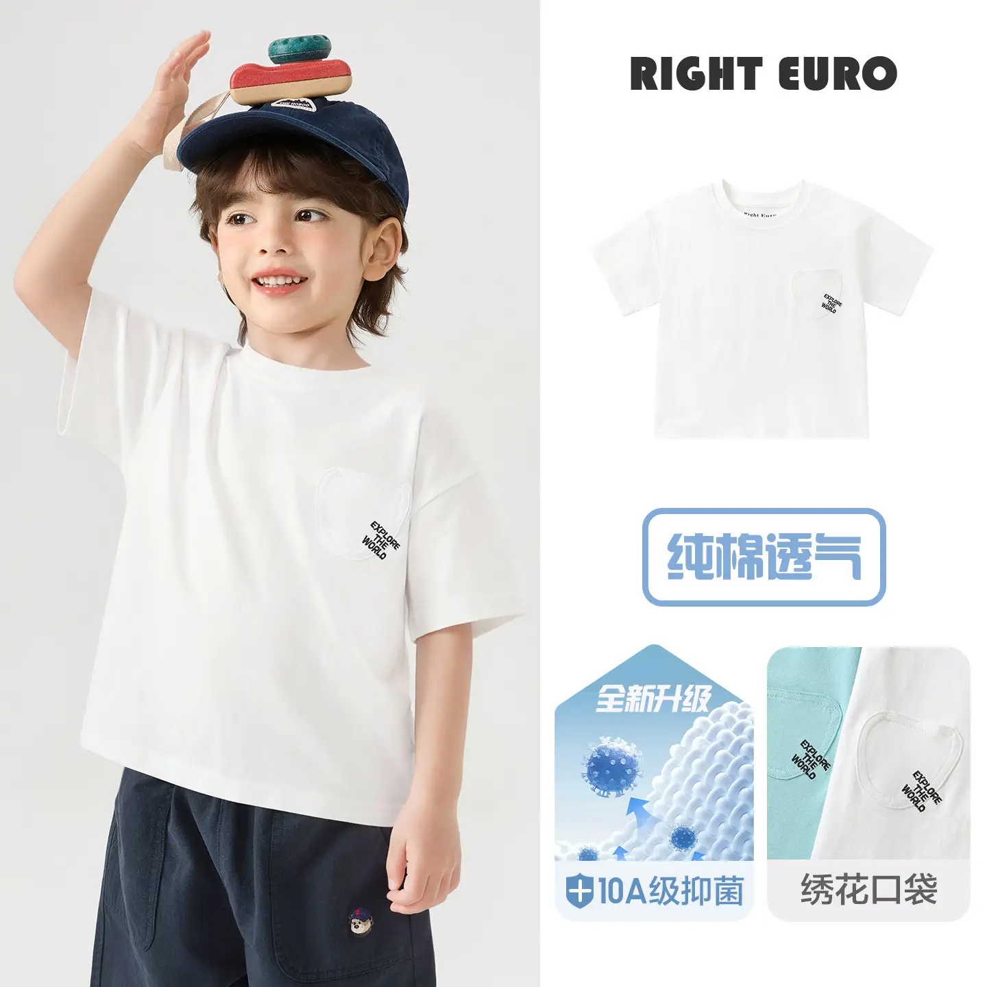 Right Euro Boys T-Shirt Light Blue 100% Cotton Summer - Image 11