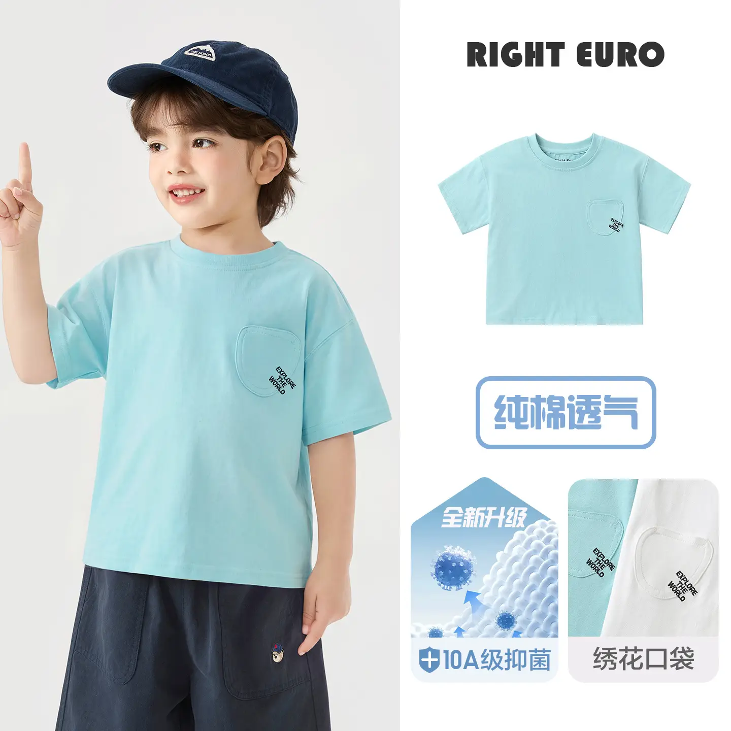 Right Euro Boys T-Shirt Light Blue 100% Cotton Summer - Image 12
