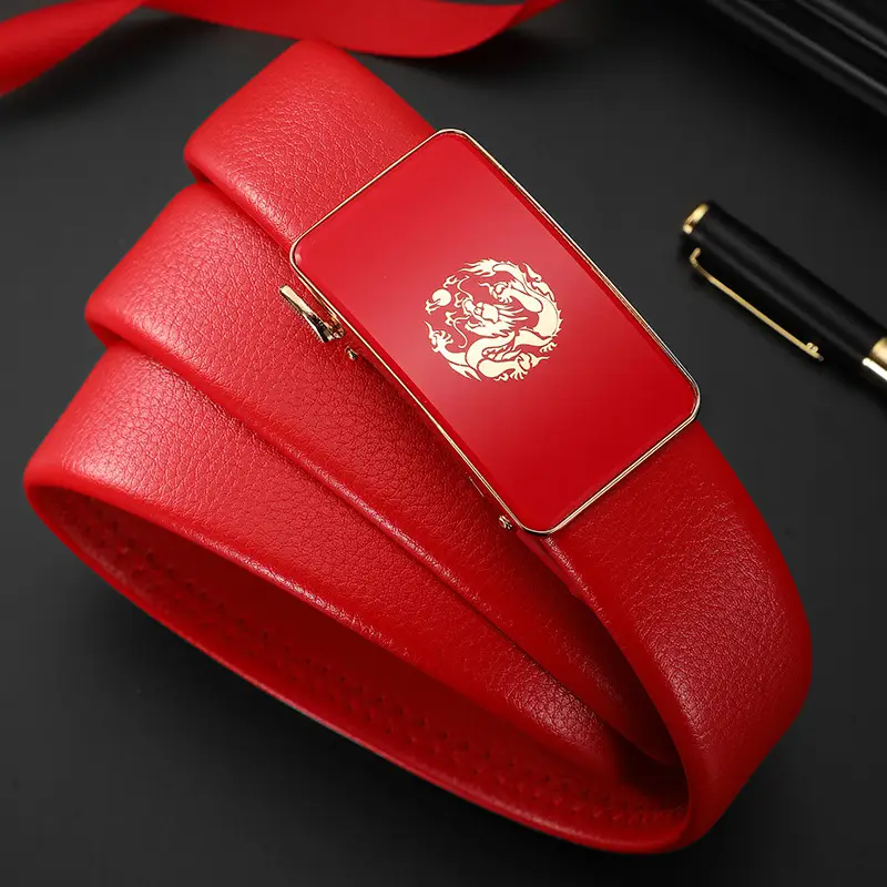 Men's Red Dragon Year Belt with Automatic Buckle