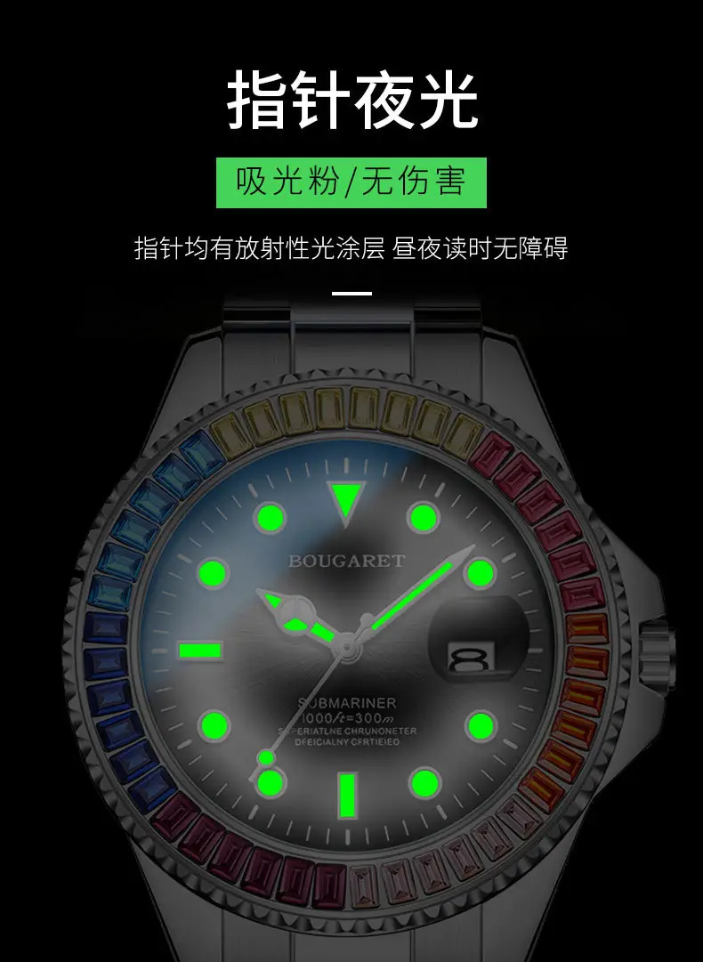 Men's Black Luminous Rainbow Dial Waterproof Automatic Watch — feature 4