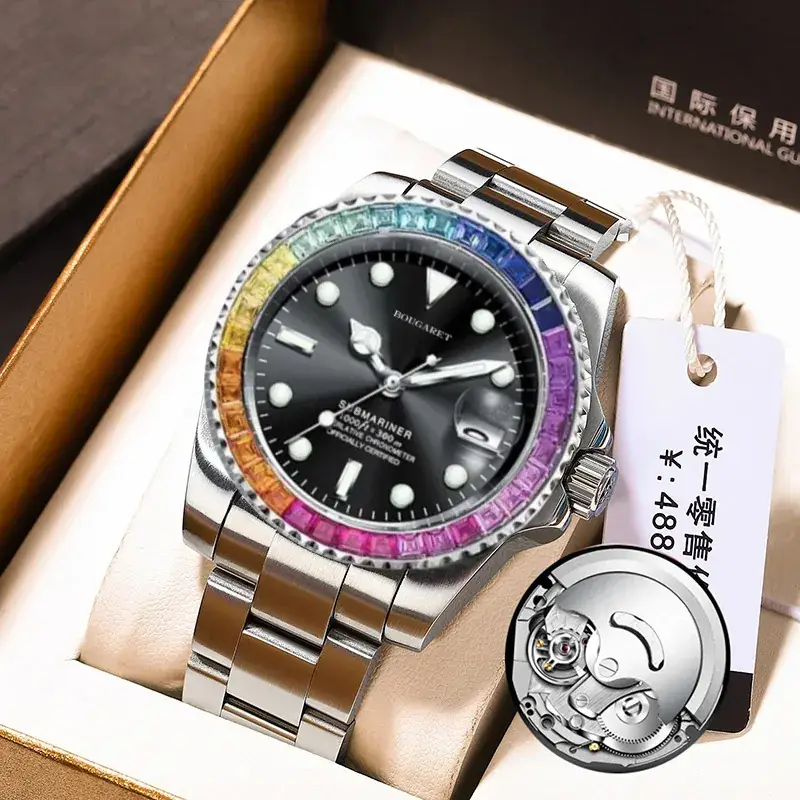 Men's Black Luminous Rainbow Dial Waterproof Automatic Watch - Image 2