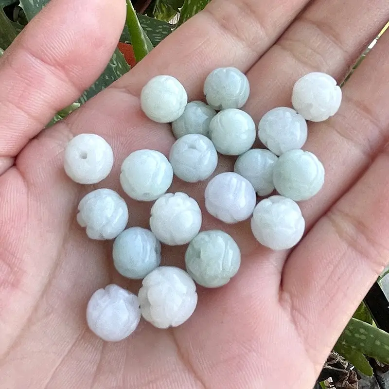Natural Burma Jade Lotus Beads Green Waxy Beans - Image 2