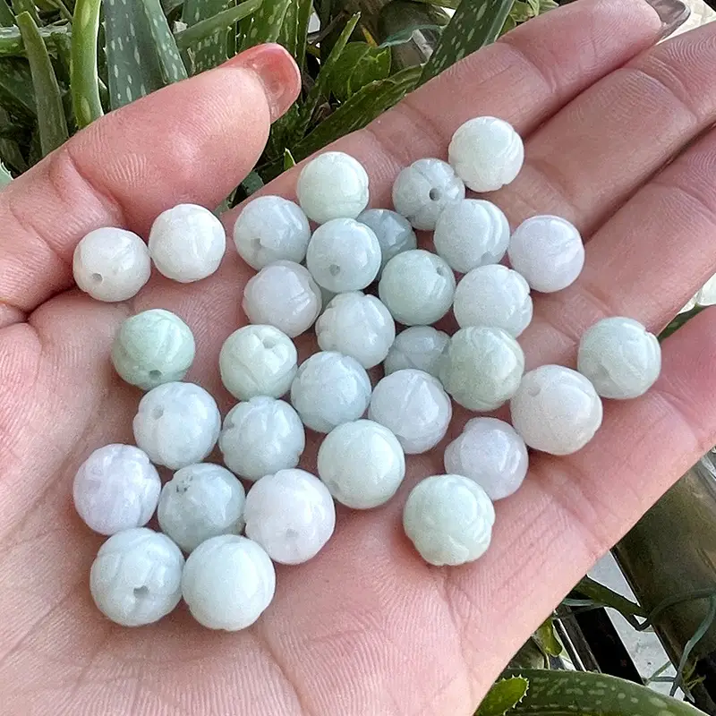 Natural Burma Jade Lotus Beads Green Waxy Beans - Image 3