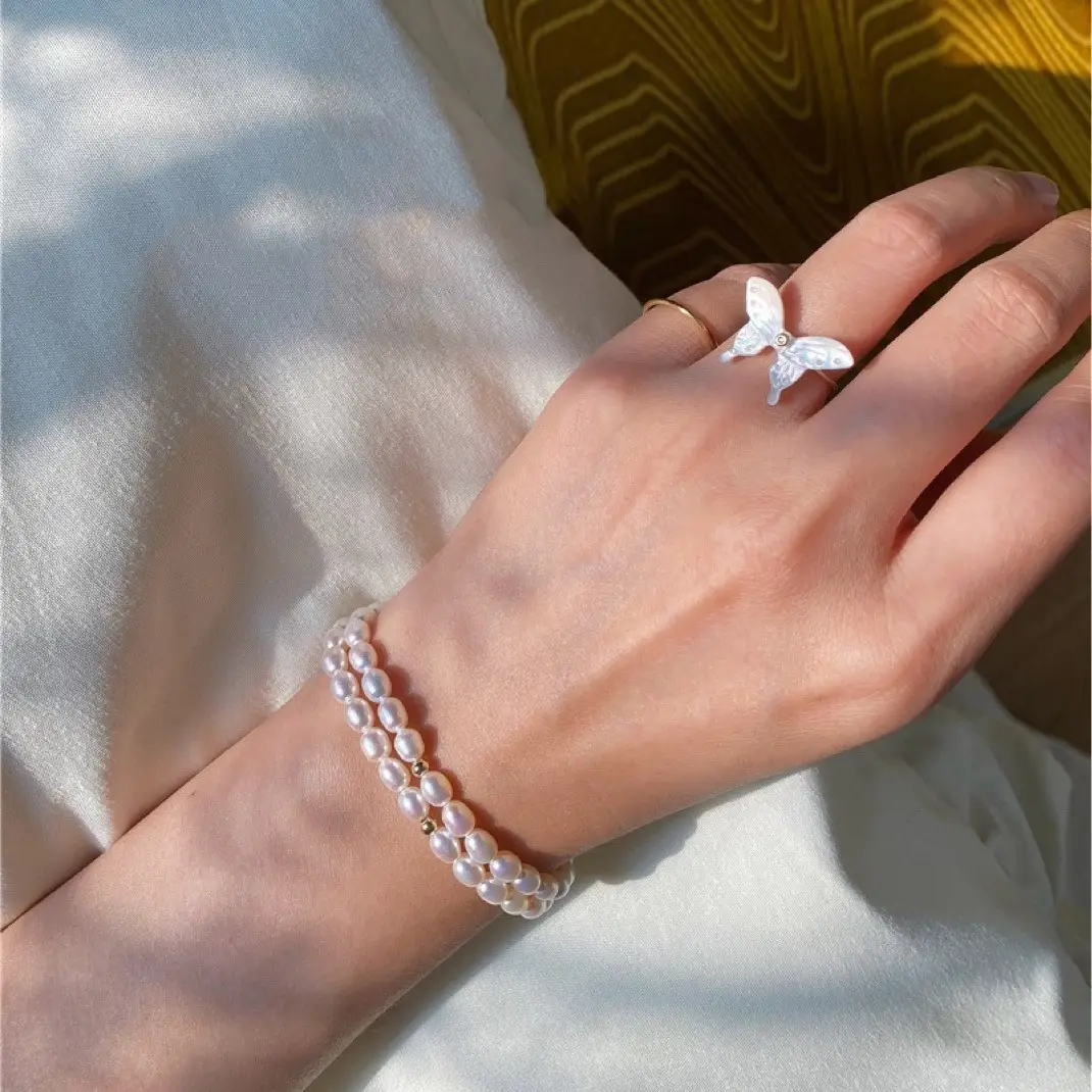 Natural Pearl Millet Bracelet 14K Gold Elastic - Image 3