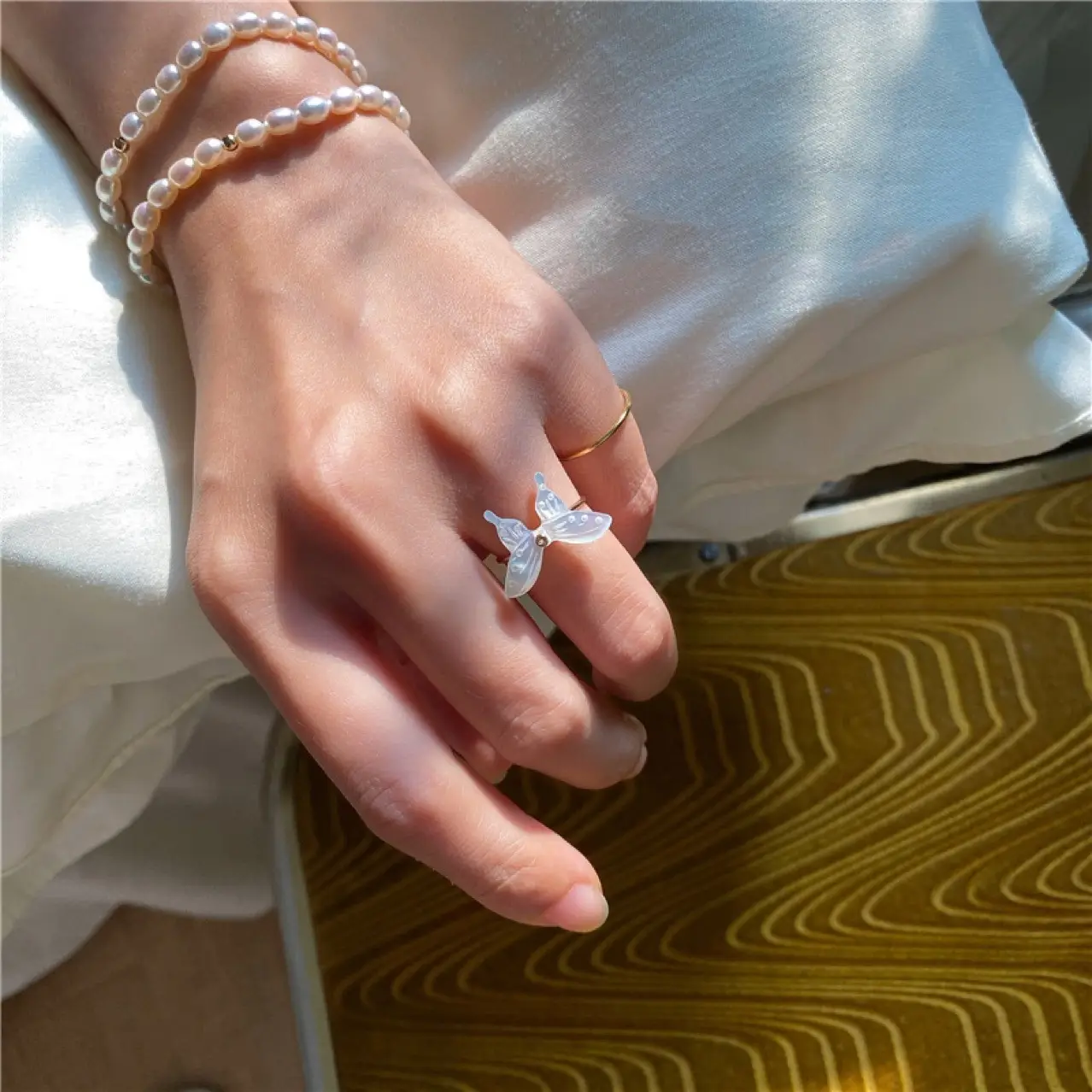 Natural Pearl Millet Bracelet 14K Gold Elastic - Image 4