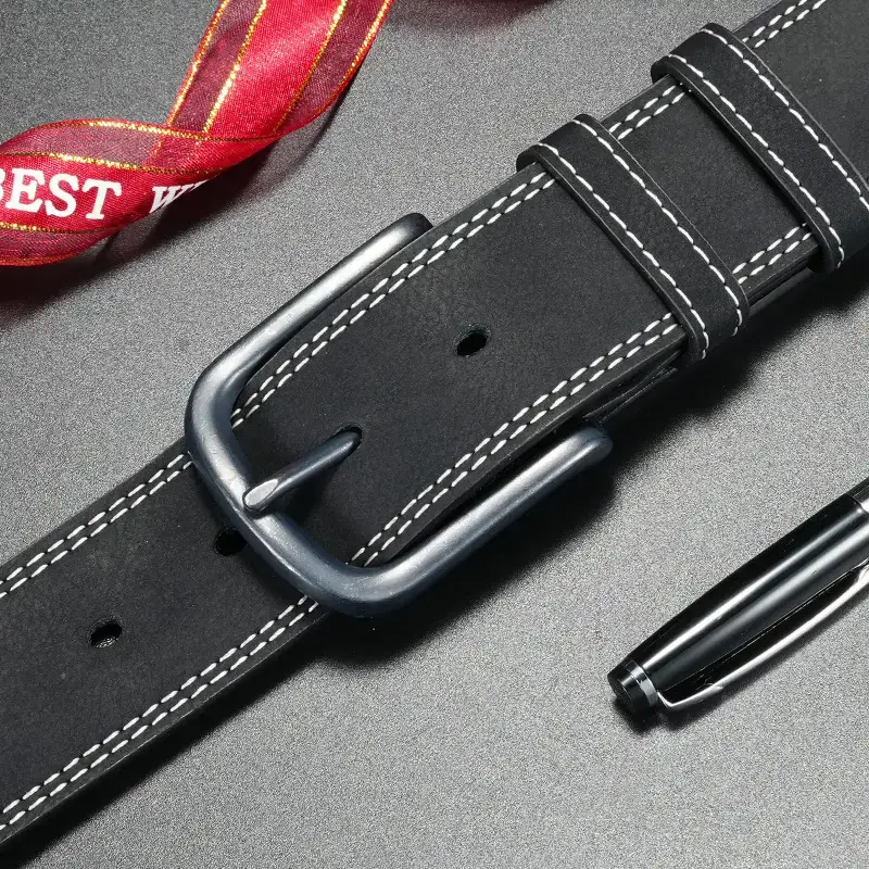 Men's Vintage Black Cowhide Belt with Pin Buckle - Image 3