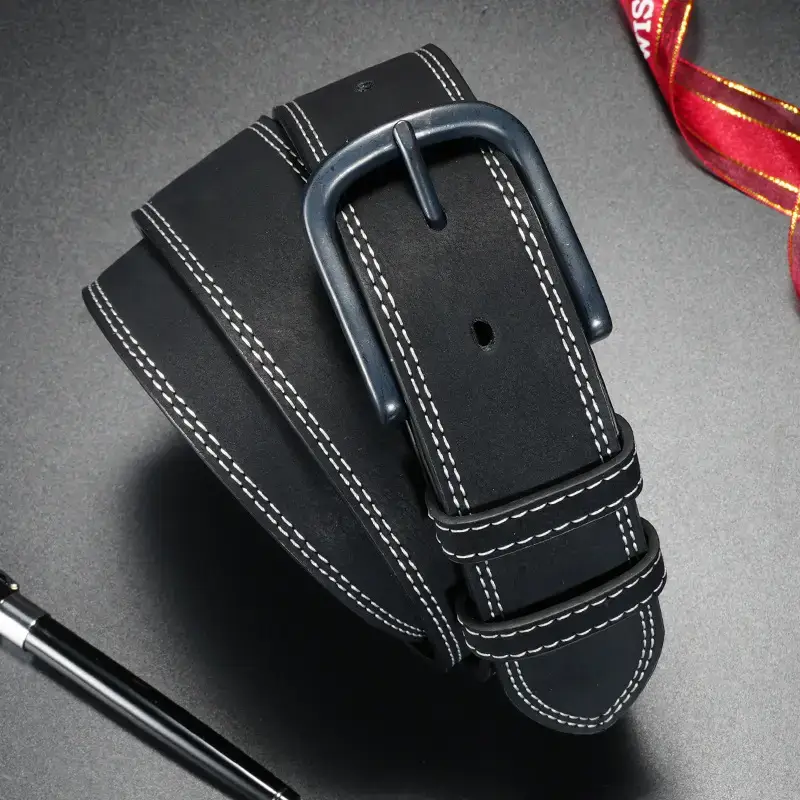 Men's Vintage Black Cowhide Belt with Pin Buckle - Image 4