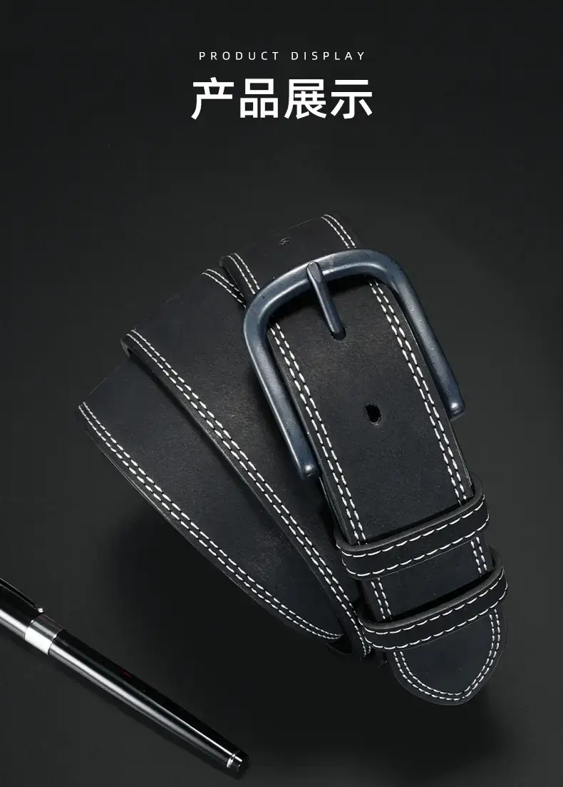 Men's Vintage Black Cowhide Belt with Pin Buckle — feature 11
