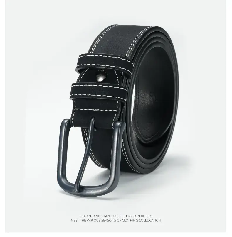 Men's Vintage Black Cowhide Belt with Pin Buckle — feature 13