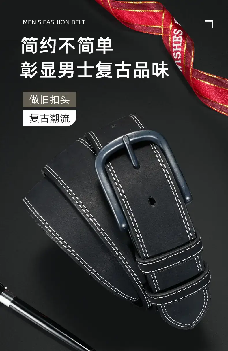 Men's Vintage Black Cowhide Belt with Pin Buckle — feature 2