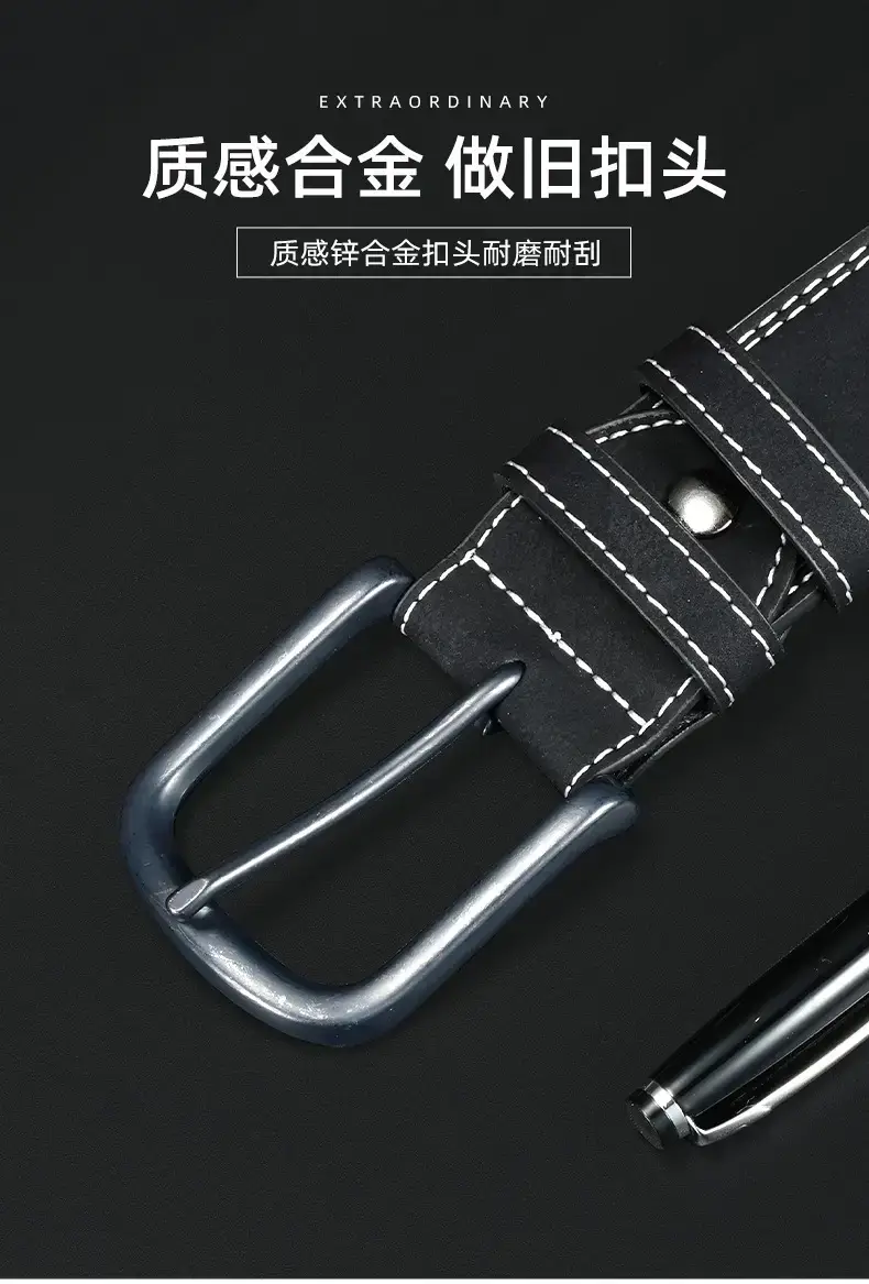 Men's Vintage Black Cowhide Belt with Pin Buckle — feature 4