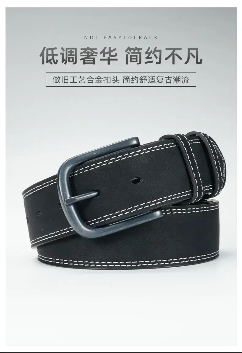 Men's Vintage Black Cowhide Belt with Pin Buckle — feature 5
