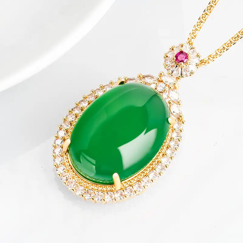 Natural Green Agate Egg Pendant Women's Necklace Gold Plated - Image 3