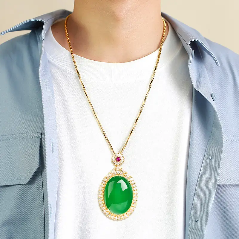 Natural Green Agate Egg Pendant Women's Necklace Gold Plated - Image 5